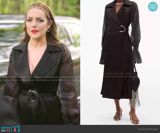 Balloon-Sleeves Satin Wrap Dress by Galvan worn by Fallon Carrington (Elizabeth Gillies) on Dynasty