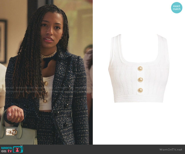 Button-Trimmed Ribbed Crop Top by Balmain worn by Monet de Haan (Savannah Lee Smith) on Gossip Girl