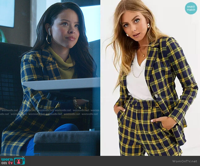 Belted Blazer in Navy and Yellow Check by Heartbreak worn by Mariana Foster (Cierra Ramirez) on Good Trouble