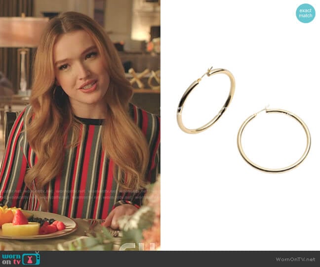 Margot Thin Gold Hoop Earrings by Bonheur worn by Kirby Anders (Maddison Brown) on Dynasty