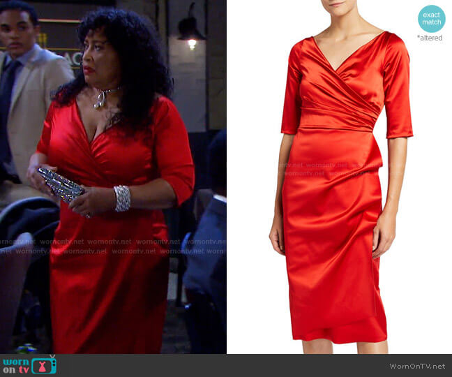 V-Neck Elbow-Sleeve Ruched Satin Dress by Chiara Boni La Petite Robe worn by Paulina Price (Jackée Harry) on Days of our Lives