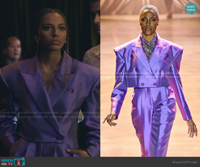 Double-Breasted Cropped Blazer Jacket by Christopher John Rogers worn by Monet de Haan (Savannah Lee Smith) on Gossip Girl