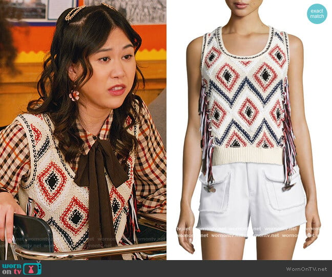 Tassel-Front Sleeveless Knit Shell by Derek Lam 10 Crosby worn by Eleanor Wong (Ramona Young) on Never Have I Ever