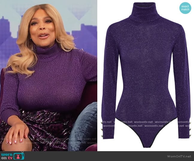 Malka metallic merino wool-blend turtleneck bodysuit by Diane von Furstenberg worn by Wendy Williams on The Wendy Williams Show