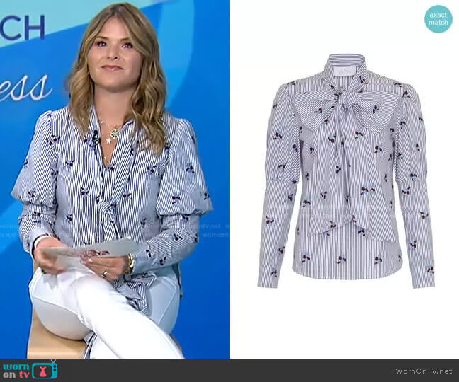 Embroidered Stripe Pussy Bow Top by Pearl by Lela Rose worn by Jenna Bush Hager on Today