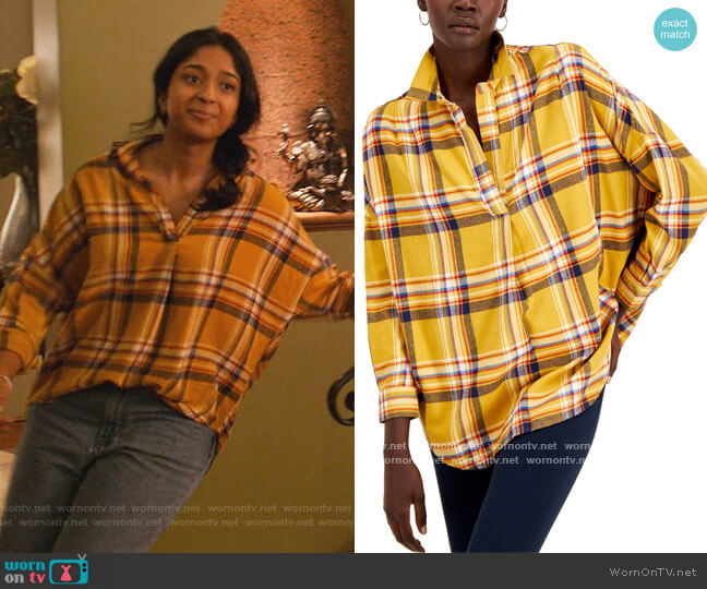 Rhodes Cotton Checked Popover Top by French Connection worn by Devi Vishwakumar (Maitreyi Ramakrishnan) on Never Have I Ever