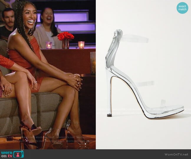 Harmony metallic leather and PVC sandals by Giuseppe Zanotti worn by Tayshia Adams on The Bachelorette