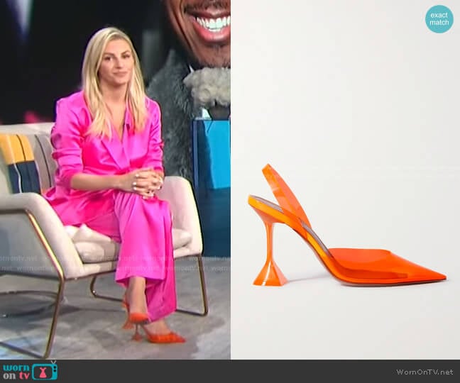 Holli Glass Neon PVC Slingback Pumps by Amina Muaddi worn by Morgan Stewart on E! News