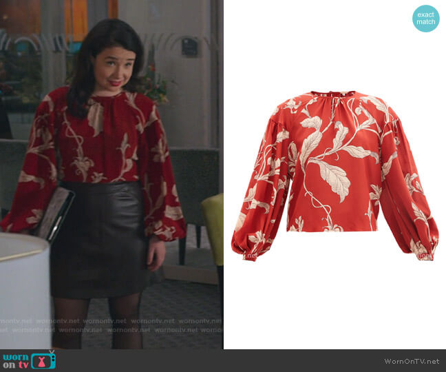 Hecho Por Amor floral-print silk-crepe blouse by Johanna Ortiz worn by Marissa Gold (Sarah Steele) on The Good Fight