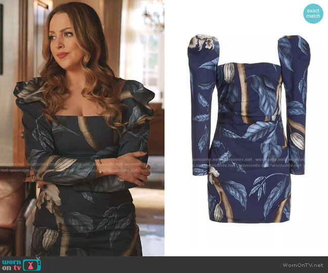 Exclusive Gathering Nature Printed Crepe Mini Dress by Johanna Ortiz worn by Fallon Carrington (Elizabeth Gillies) on Dynasty