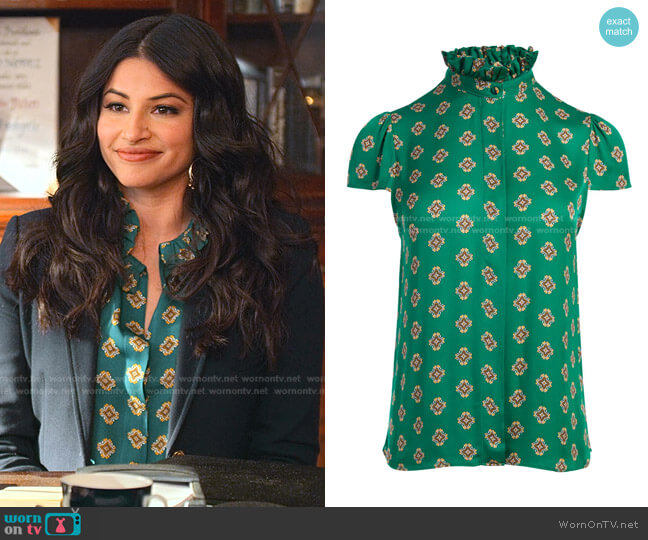 Juliette Ruffle Mock Neck Blouse by Alice + Olivia worn by Kamala (Richa Moorjani) on Never Have I Ever