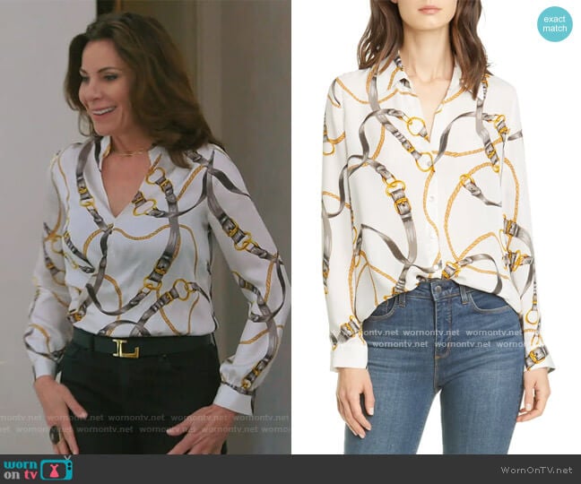 Nina Belt Print Silk Blouse by L'Agence worn by Luann de Lesseps on The Real Housewives of New York City