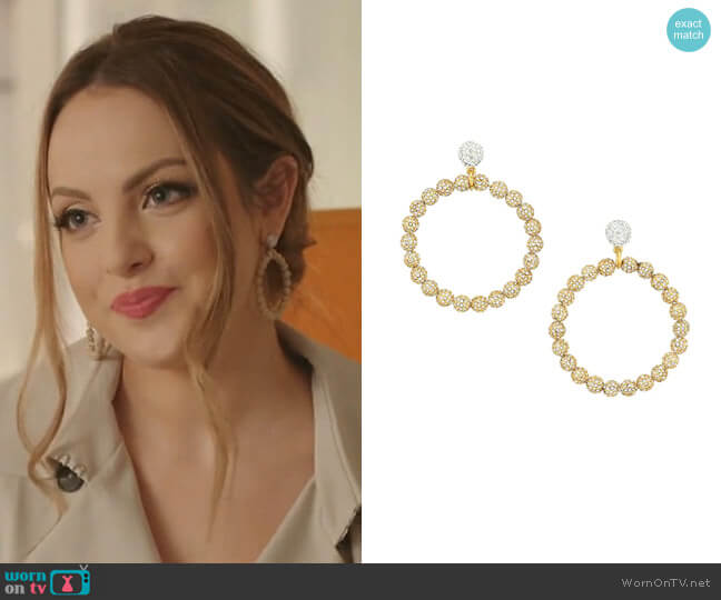 Two-Tone & Crystal Large Drop Hoop Earrings by Lele Sadoughi worn by Fallon Carrington (Elizabeth Gillies) on Dynasty