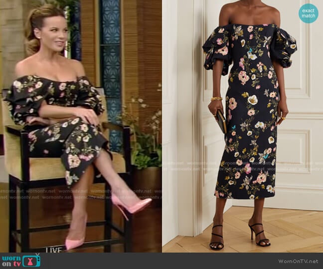 Off-the-Shoulder Floral-Print Dress by Monique Lhuillier worn by Kate Beckinsale on Live with Kelly and Ryan