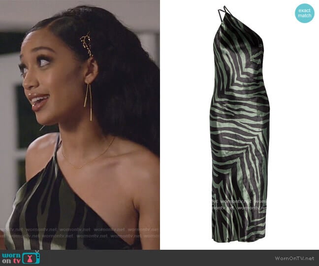 Open-back draped zebra-print velvet midi dress by Michelle Mason worn by Olivia Baker (Samantha Logan) on All American