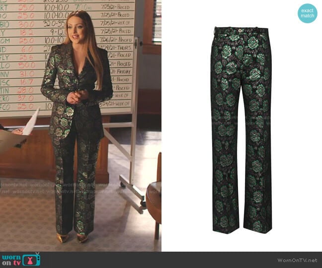 Floral-Jacquard Trousers by Paco Rabanne worn by Fallon Carrington (Elizabeth Gillies) on Dynasty