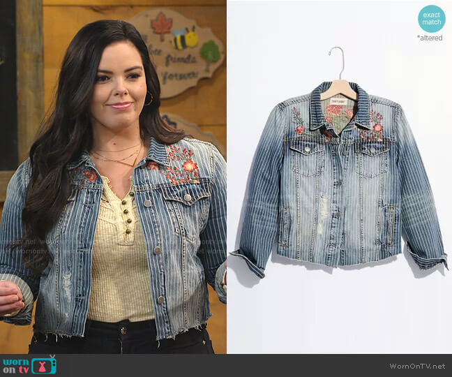 Pinstripe Denim Trucker Jacket by Driftwood worn by Lou Hockhauser (Miranda May) on Bunkd