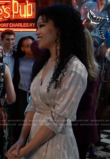 Portia’s white printed wrap dress on General Hospital