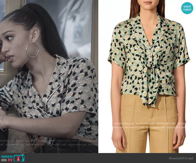 Rosa Printed Tie-Front Shirt by Sandro worn by Olivia Baker (Samantha Logan) on All American