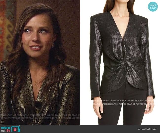 Metallic Ruched Long Sleeve Silk Blouse by Smythe worn by Katie Thurston on The Bachelorette