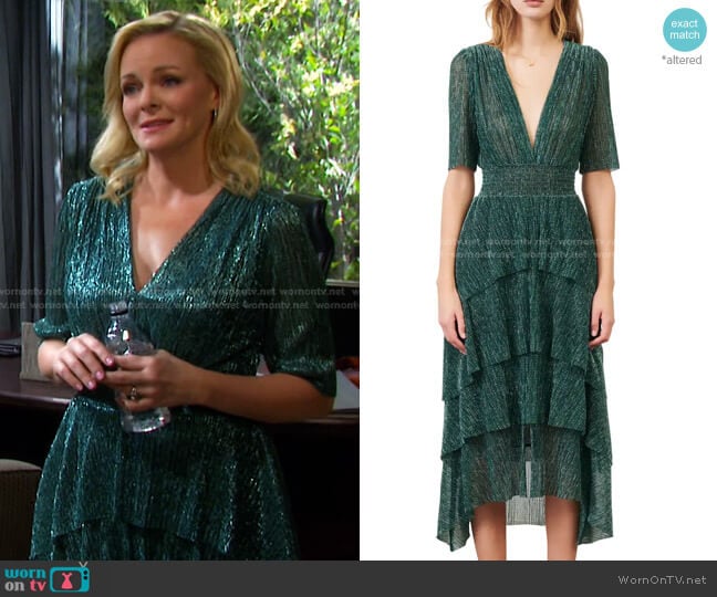 Metallic Thread Plunge Neck High/Low Dress by Maje worn by Belle Brady (Martha Madison) on Days of our Lives