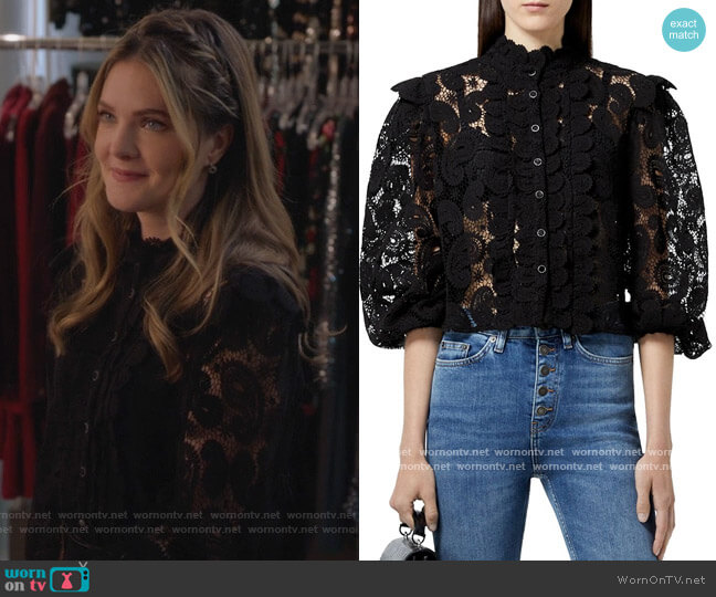 High Neck Lace Blouse by The Kooples worn by Sutton (Meghann Fahy) on The Bold Type