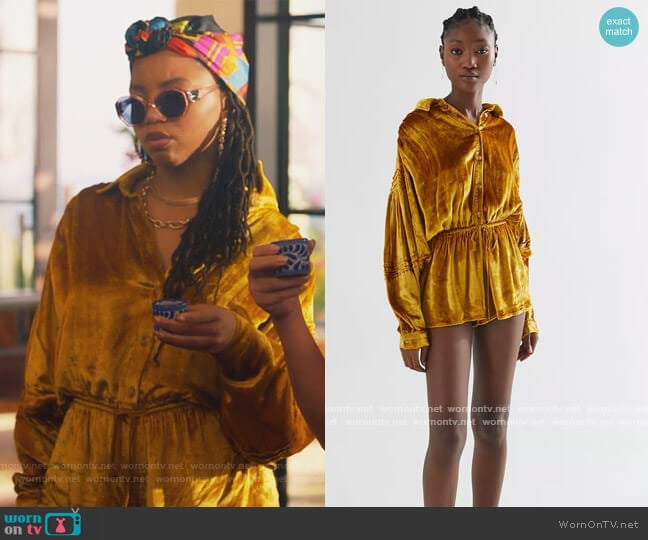 Gold Velvet Romper by Urban Outfitters worn by Jazlyn Forster (Chloe Bailey) on Grown-ish