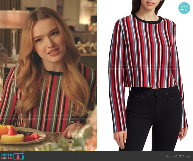 Multi-Stripe Wool Cropped Sweater by Victor Glemaud worn by Kirby Anders (Maddison Brown) on Dynasty