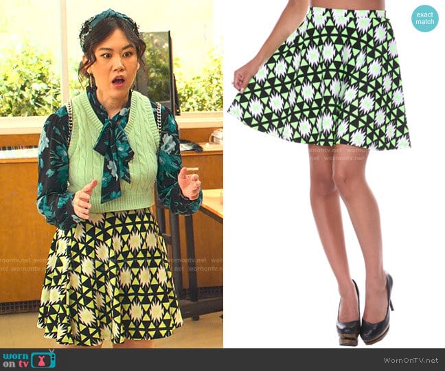 Triangle Printed Fit and Flare Skirt by White Mark worn by Eleanor Wong (Ramona Young) on Never Have I Ever