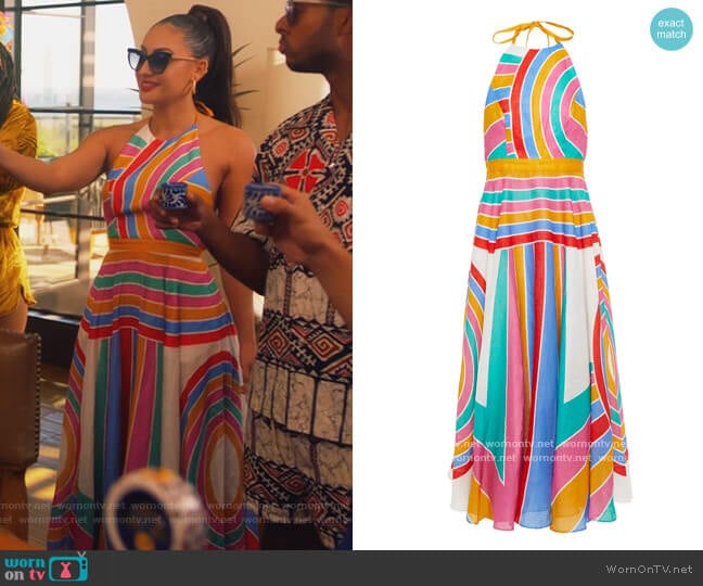 Fiesta striped linen-voile halterneck midi dress by Zimmermann worn by Ana Torres (Francia Raisa) on Grown-ish