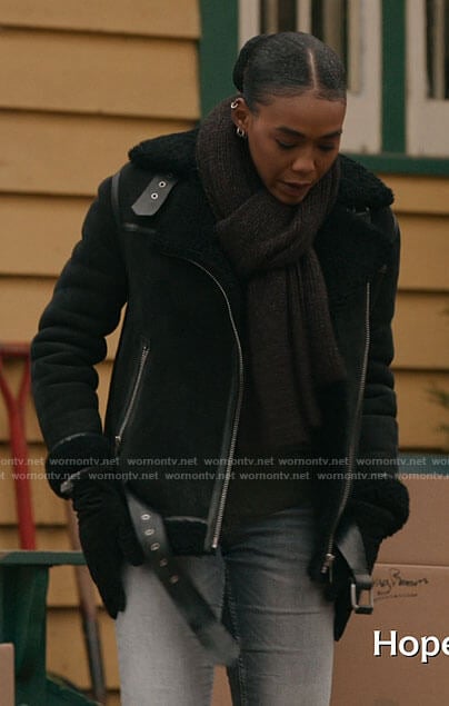 AJ's black shearling jacket on The Republic of Sarah