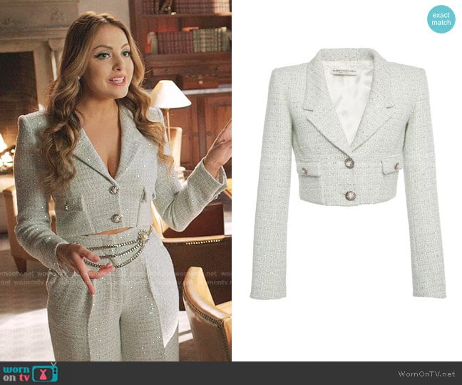 Cropped Embellished Sequined Wool-Blend Tweed Jacket by Alessandra Rich worn by Fallon Carrington (Elizabeth Gillies) on Dynasty