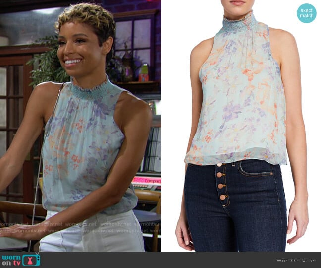 Alice + Olivia Annmarie Floral-Print Smocked Turtleneck Tank Top worn by Elena Dawson (Brytni Sarpy) on The Young and the Restless