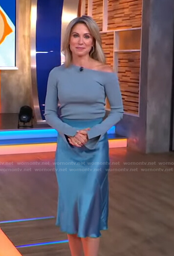 Amy’s blue one off-shoulder top and satin skirt on Good Morning America