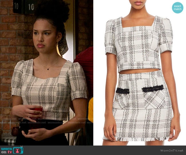 Aqua Puff-Sleeve Tweed Cropped Top worn by Gina (Sofia Wylie) on High School Musical The Musical The Series