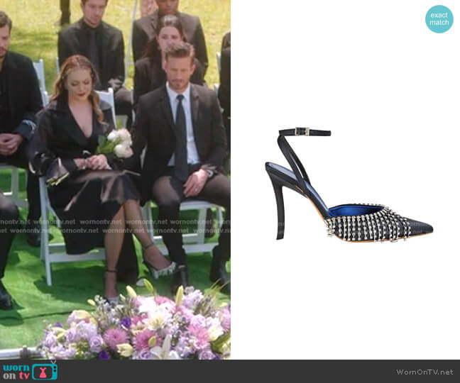 Crystal Embellished Satin Pumps by Area worn by Fallon Carrington (Elizabeth Gillies) on Dynasty