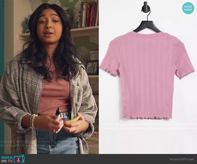 On pointelle tee in pink by ASOS worn by Devi Vishwakumar (Maitreyi Ramakrishnan) on Never Have I Ever