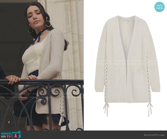 Lace-up Ribbed-Knit Cardigan by Autumn Cashmere worn by Luna La (Zión Moreno) on Gossip Girl