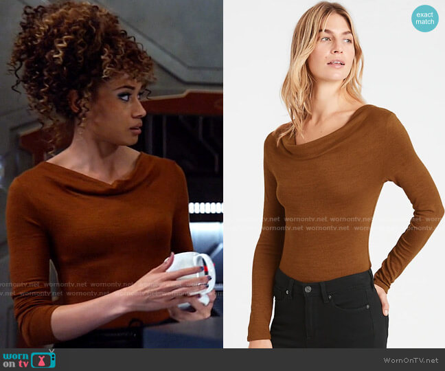 Banana Republic Luxespun Cowl-Neck Thong Bodysuit worn by Astra Logue (Olivia Swann) on Legends of Tomorrow
