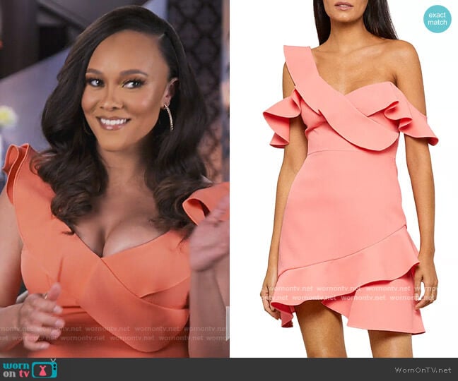 Malik Asymmetric Ruffle Off-the-Shoulder Mini Dress by BCBGMAXAZRIA worn by Ashley Darby on The Real Housewives of Potomac