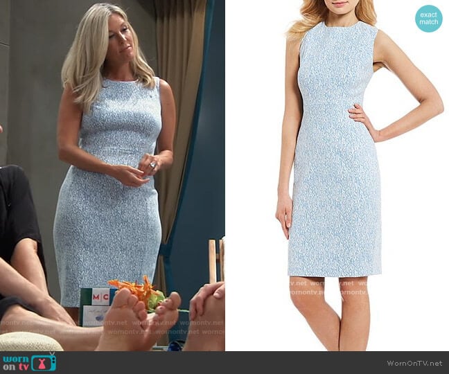 Printed Jacquard Sleeveless Sheath Dress by Calvin Klein worn by Carly Spencer (Laura Wright) on General Hospital