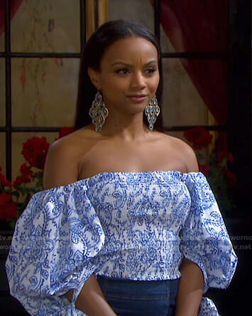 Chanel's white and blue paisley off-shoulder top on Days of our Lives