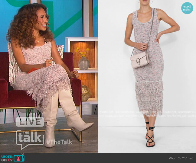 Sleeveless Midi Length Dress with Tiered Fringe by Cushnie worn by Elaine Welteroth on The Talk