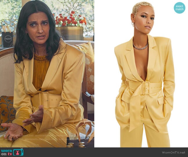 Belted Satin Polyester Blazer by Danielle Bernstein worn by Nalini Vishwakumar (Poorna Jagannathan) on Never Have I Ever