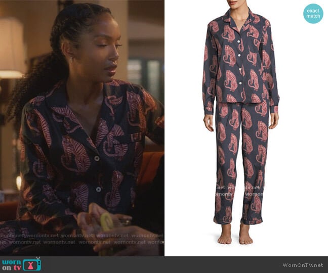 Tiger-Print Classic Pajama Set by Desmond & Dempsey worn by Zoey Johnson (Yara Shahidi) on Grown-ish