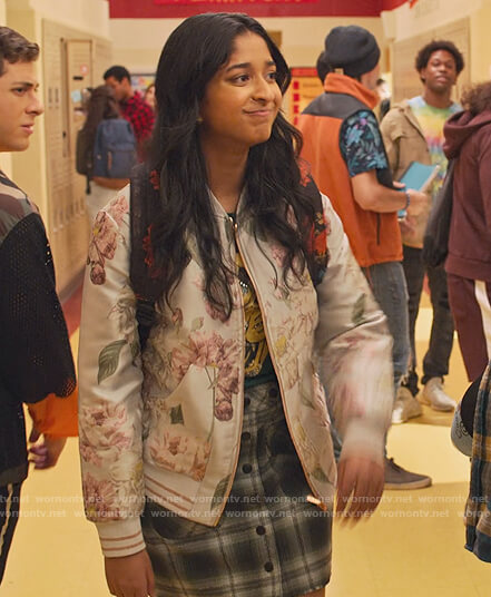 Devi's floral bomber jacket and plaid skirt on Never Have I Ever