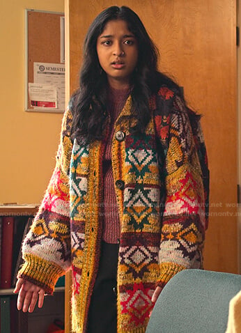Devi’s yellow striped printed cardigan coat on Never Have I Ever