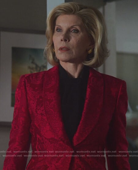 Diane’s red floral jacquard blazer on The Good Fight