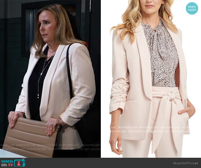 Shawl Collar Ruched Sleeve Blazer by DKNY worn by Laura Collins (Genie Francis) on General Hospital