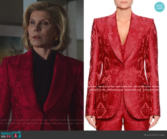 Single-Breasted Shawl-Collar Cherub-Jacquard Jacket by Dolce & Gabbana worn by Diane Lockhart (Christine Baranski) on The Good Fight